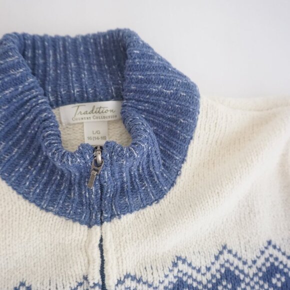 Vintage Tradition Blue Cream Snowflake Winter Knit Zip Up Cardigan Sweater L - Picture 10 of 11
